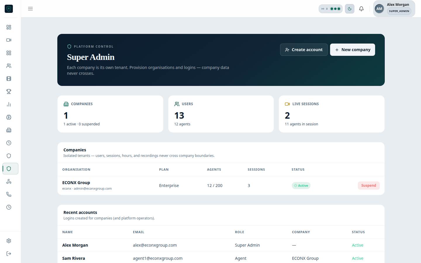 Super Admin — companies and accounts