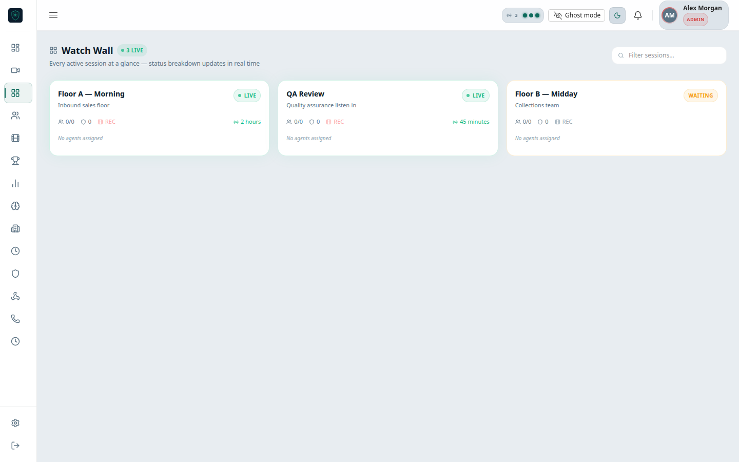 Watch wall — every live session at a glance